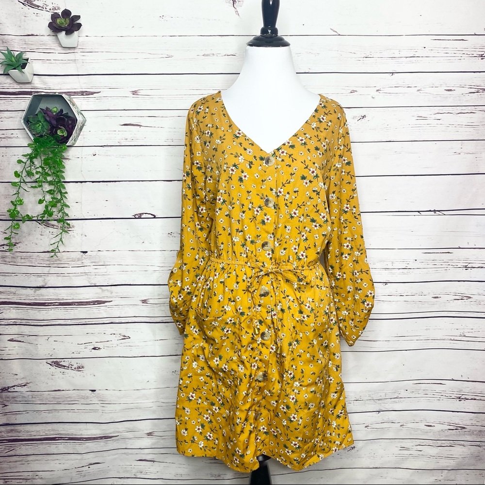 Hint of Blush Mustard Yellow Spring Summer Granny Floral Casual Dress Size Large